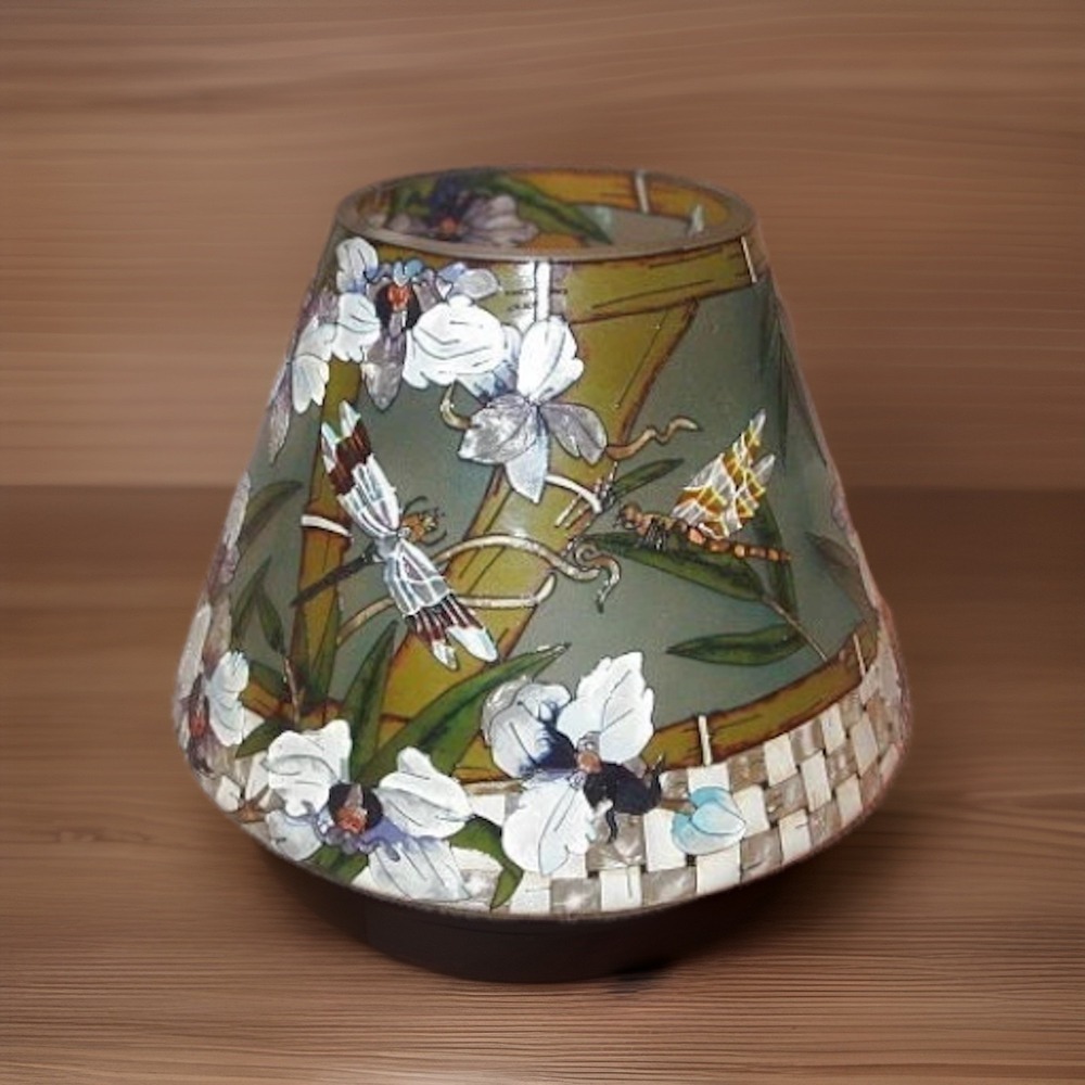 Amia Stained Glass Candle Topper Mosaic Shade Hand Painted Floral Dragonfly Vtg